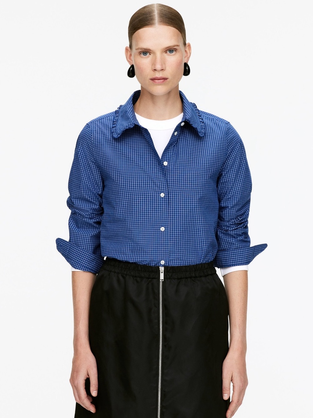Arket Blue Gingham Cropped Ruffle Collar Button Down